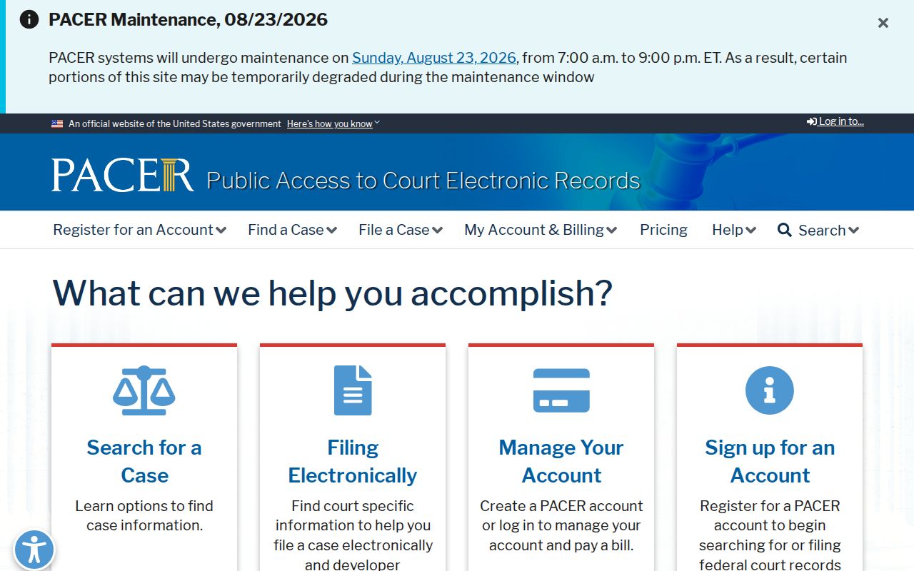 PACER federal court case search home page